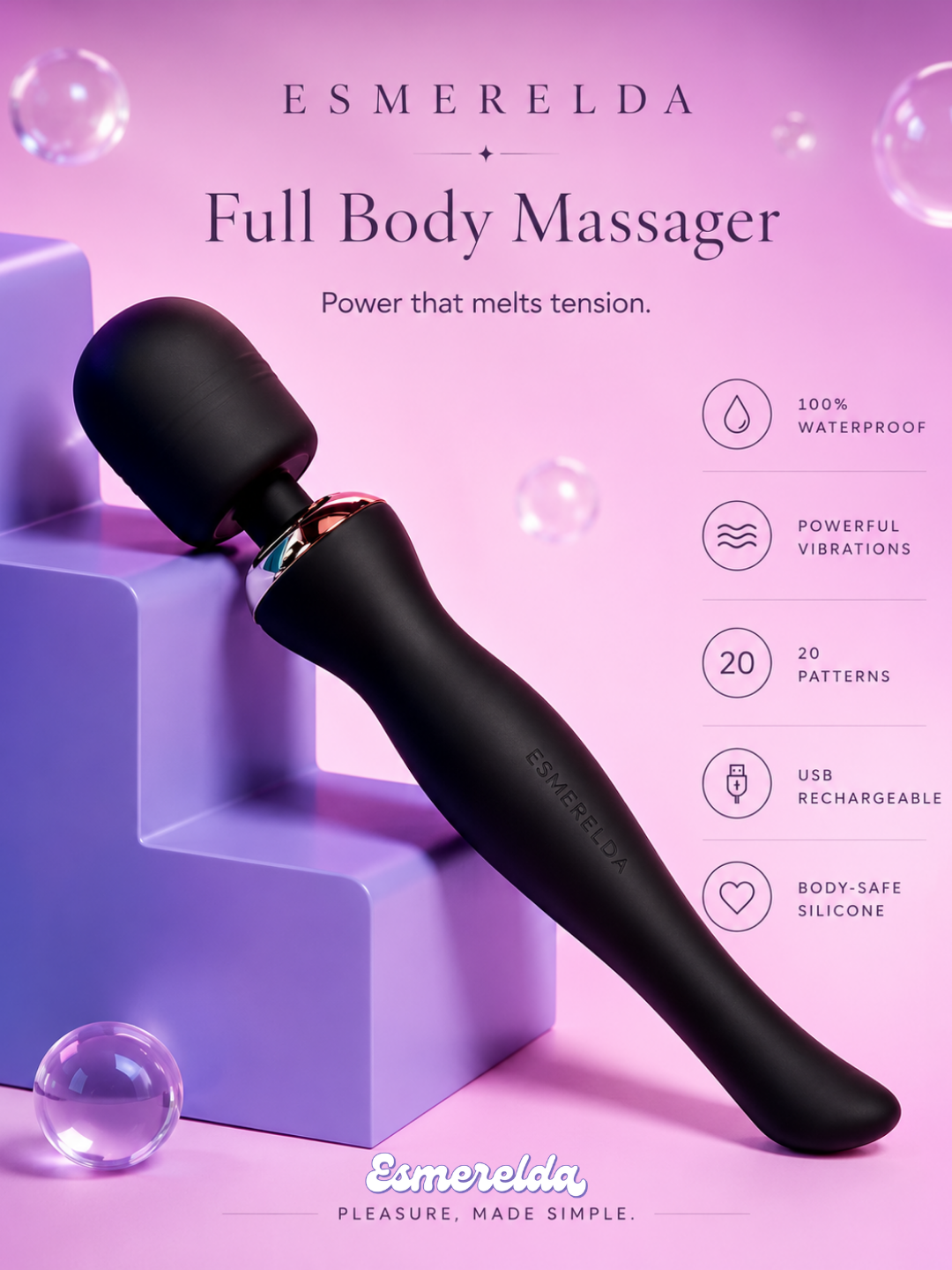 Black full body massage wand with rose gold accents displayed on lavender geometric blocks against a soft pink background.