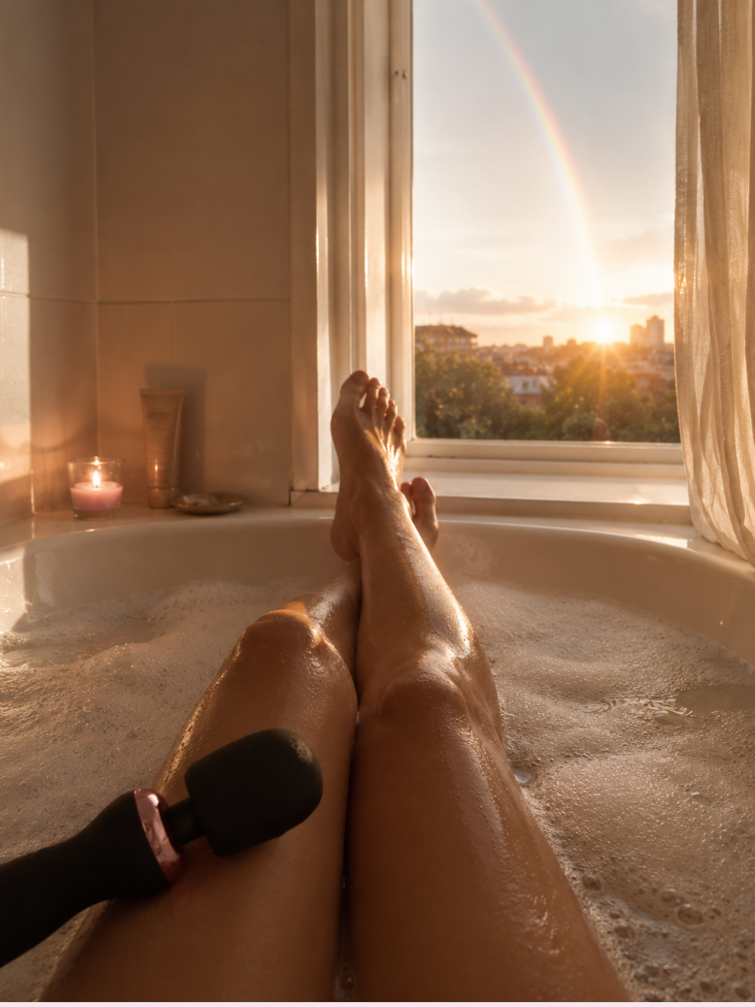 Woman relaxing in a bubble bath using a black waterproof massage wand during golden sunset light beside a window.