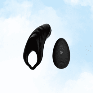 Black vibrating penis ring with remote control, shown with remote device.
