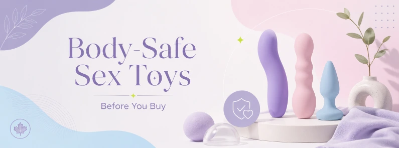 Soft pastel wellness banner for a body-safe sex toys buying guide with abstract product silhouettes and safety icon.