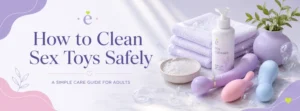 Soft pastel care setup with toy cleaner, towels, bubbles, and body-safe pleasure product silhouettes for a guide on how to clean sex toys safely.