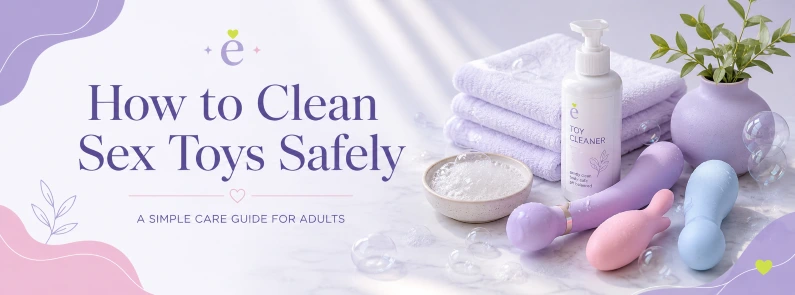 Soft pastel care setup with toy cleaner, towels, bubbles, and body-safe pleasure product silhouettes for a guide on how to clean sex toys safely.