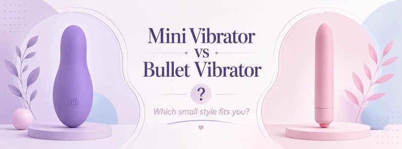 Pastel comparison graphic showing a mini vibrator and bullet vibrator for Esmerelda's compact vibrator guide
