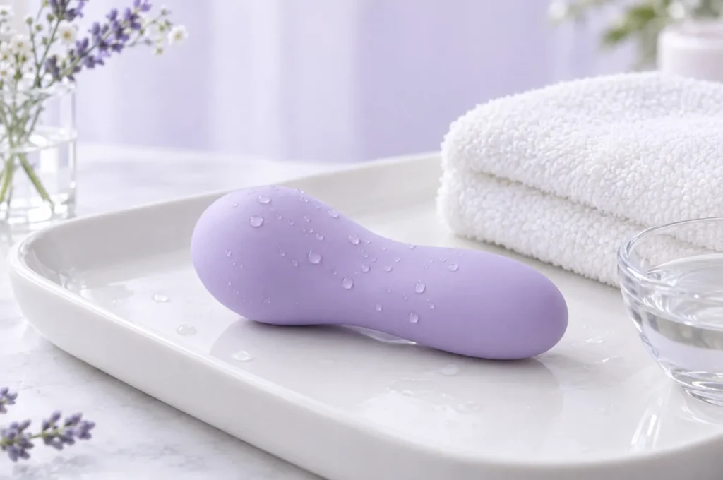 Lilac body-safe silicone massager on a white tray with water droplets, showing a non-porous, easy-to-clean surface