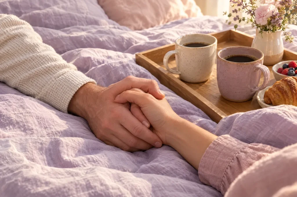 Couple holding hands in bed beside a breakfast tray with two coffee mugs