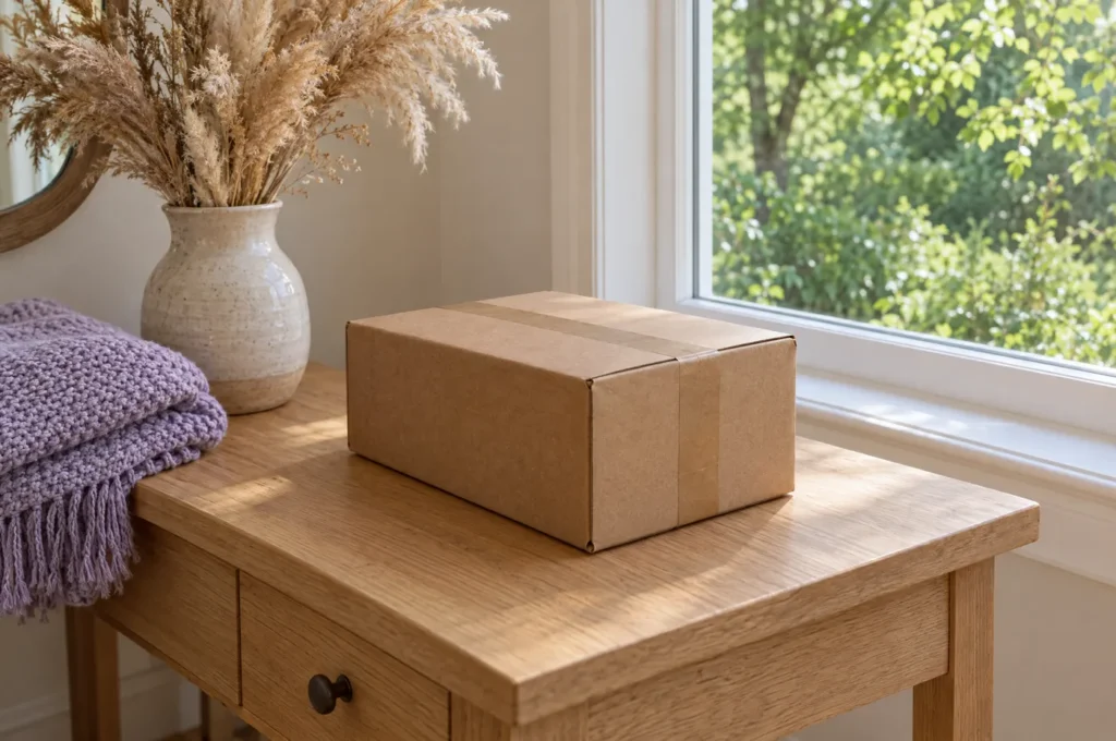 Plain unbranded kraft shipping box on an entryway table, showing discreet packaging