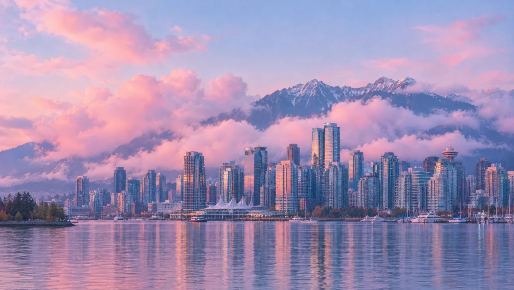 Downtown Vancouver skyline and North Shore mountains under soft pink clouds at dusk